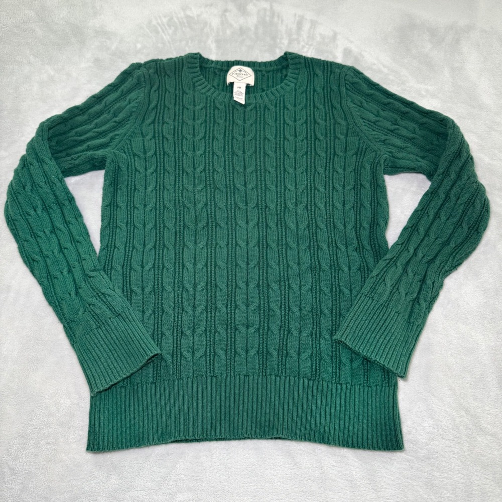 St. John's Bay Women's Green Cable Knit Sweater Crew Neck Cotton Blend Petite M